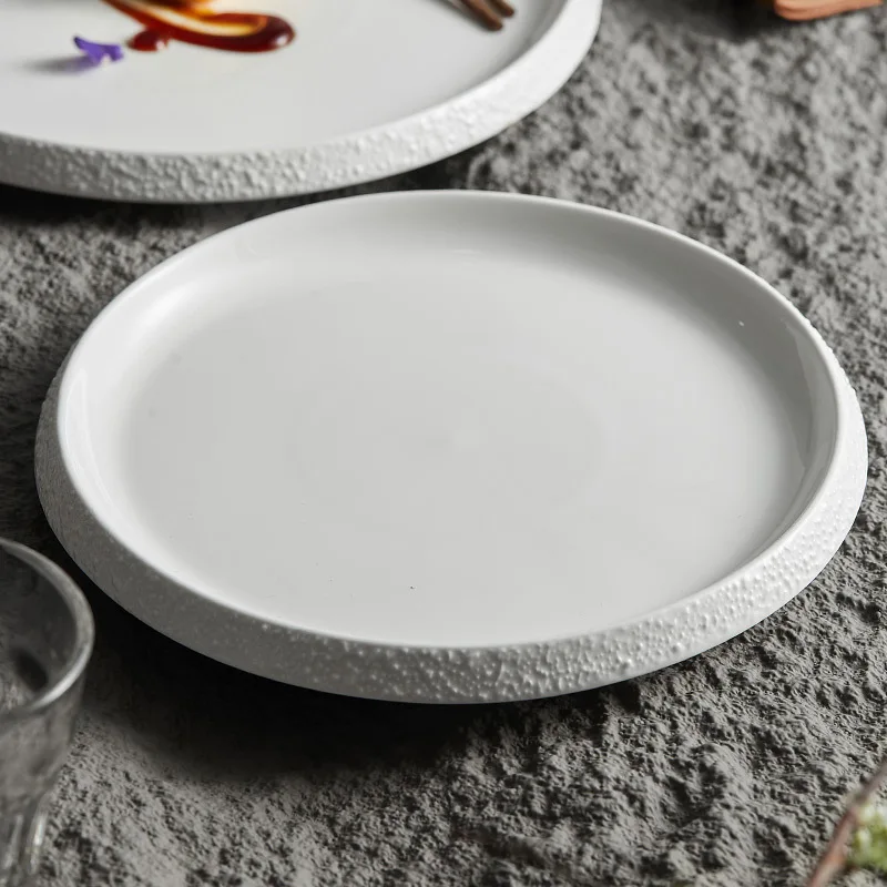 Nordic Style Rock Rim Ceramic White Dinner Plate Eco-Friendly Pasta Steak Fruit Salad Dessert Serving Tray for Restaurant