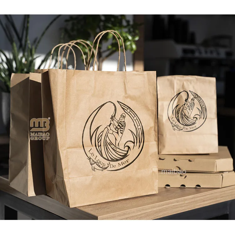 Эко-упаковка Сумка из крафт-бумаги для переноски Кофе на вынос Коричневый пакет из крафт-бумаги Изготовленный на заказ бумажный пакет для еды на вынос для ресторана