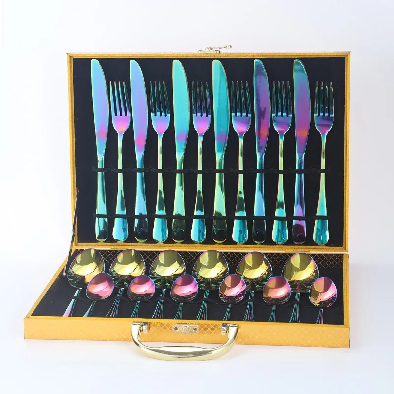 Оптовая продажа, роскошные матовые столовые приборы из 24 предметов, черное зеркало, нержавеющая сталь, золотые столовые приборы, экологичные, в комплект входят ложка, вилка, ножи