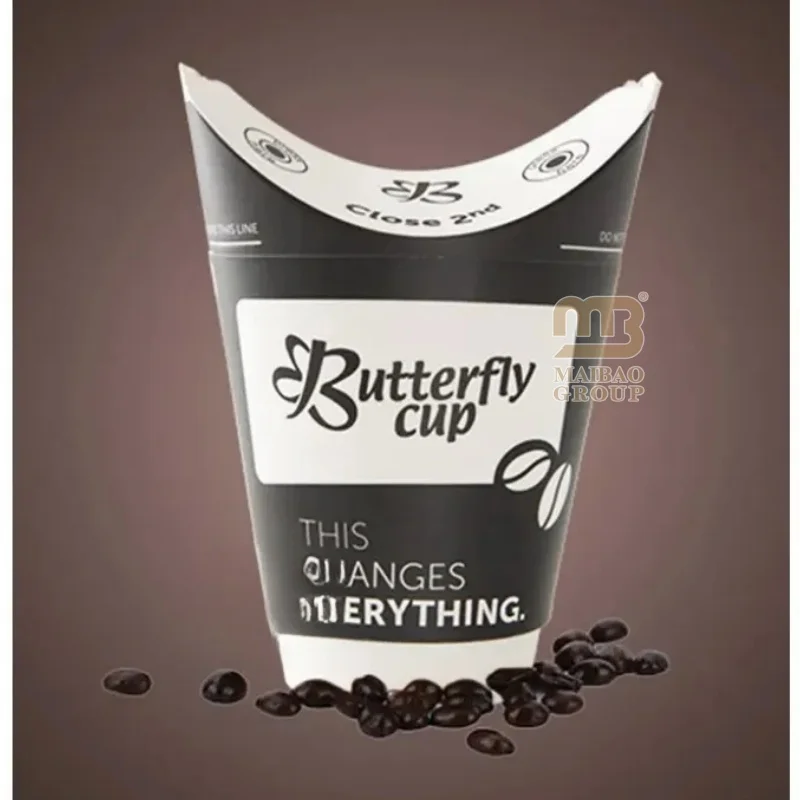 Бумажный стаканчик со встроенной складной крышкой. Складной бумажный стаканчик на вынос. Одноразовый термостойкий бумажный стаканчик для кофе и бабочки.