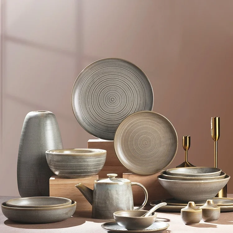 Посуда, посуда, оптовая цена, высококачественная керамика, прочная ручная роспись, обеденный набор с зелено-коричневой оправой