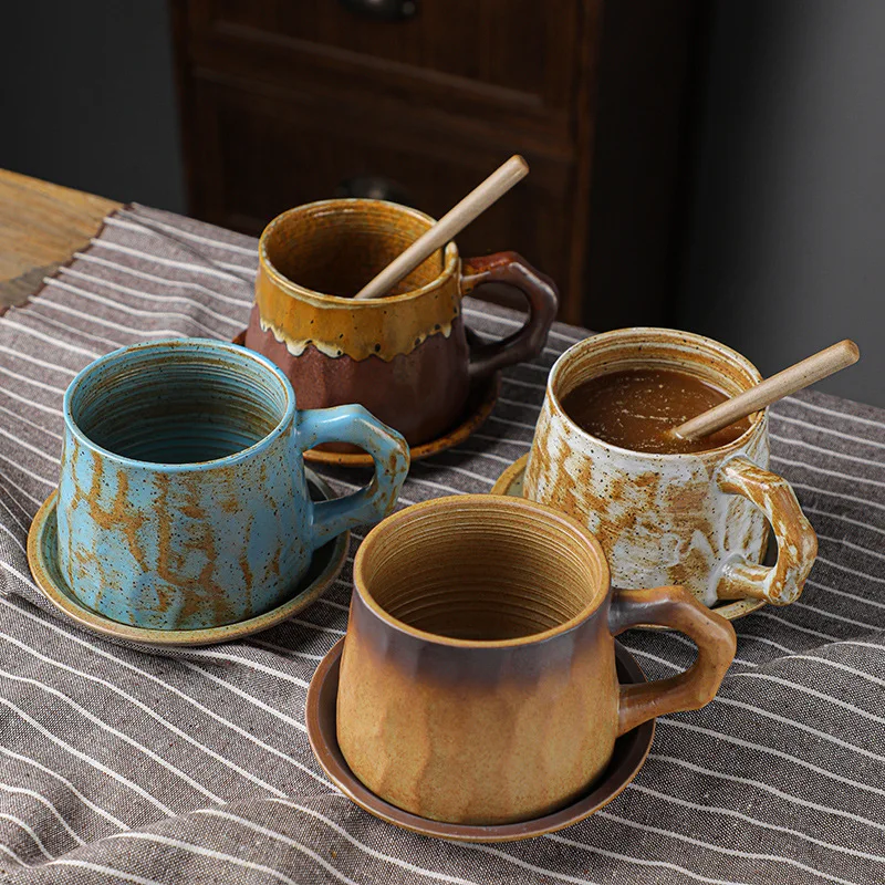 Retro Customizable Coffee Cup and Saucer Set Kiln Coarse Pottery Mug Ceramic Coffee Mugs Sets