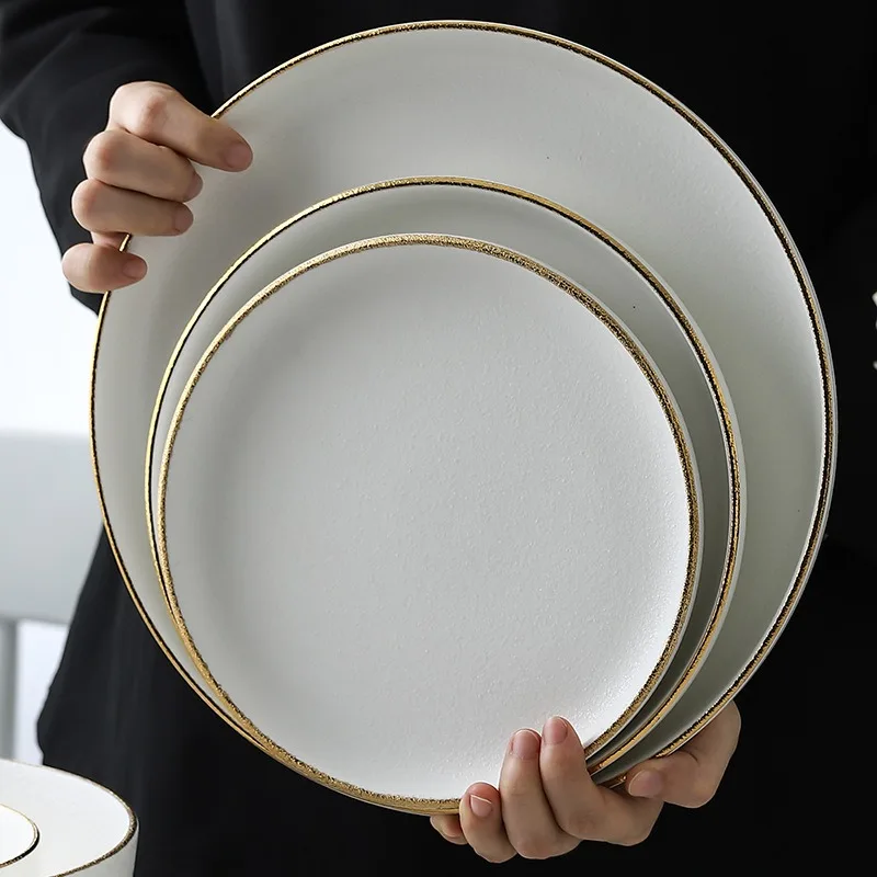 Набор посуды, индивидуальные керамические тарелки, сервировочные тарелки с золотой оправой, белые обеденные тарелки, роскошные