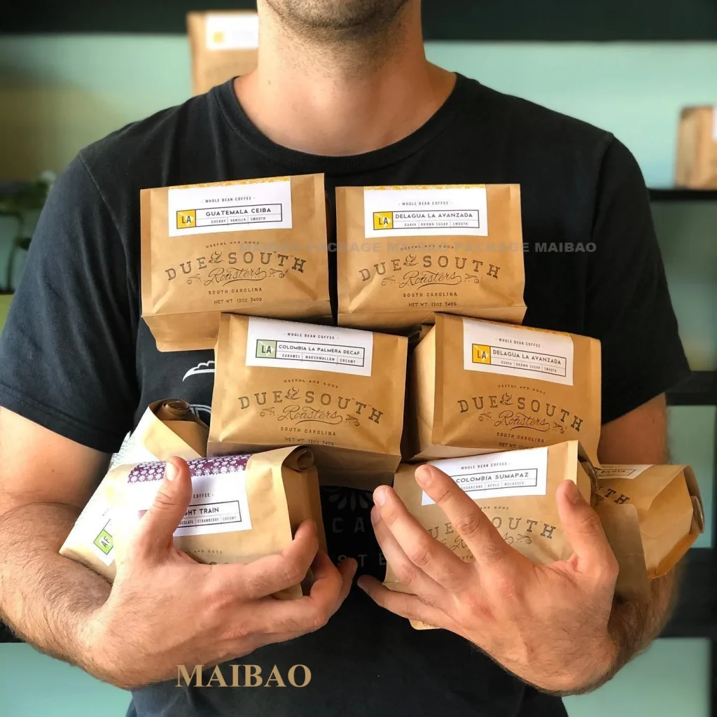 Изготовленный на заказ принт Экологичный перерабатываемый клапан с квадратным дном Биоразлагаемые коричневые крафт-бумажные пакеты для упаковки кофейных зерен с оловянным галстуком