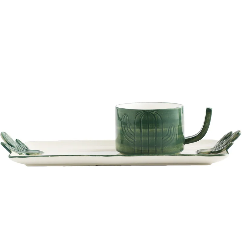 Creative Ceramic Coffee Cup & Dessert/Cake Plate Set Hand-Colored Butterfly & Cactus Design Elegant Style Combination