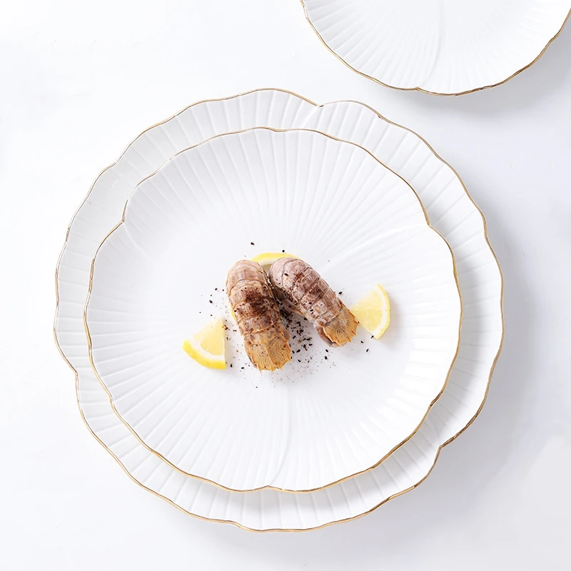 Hot Selling Simplicity Gold Edge White Dining Plate Customized Ceramic Plate Irregular Western Food Dish Plate