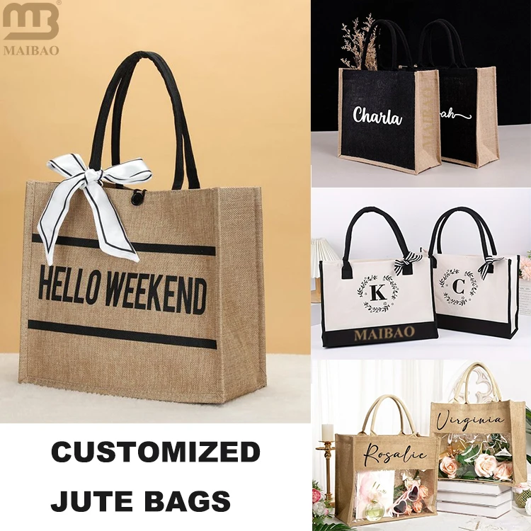 Экологичная водонепроницаемая джутовая сумка с логотипом, многоразовые сумки из мешковины с ручками, льняная пляжная холщовая сумка для покупок на свадьбу