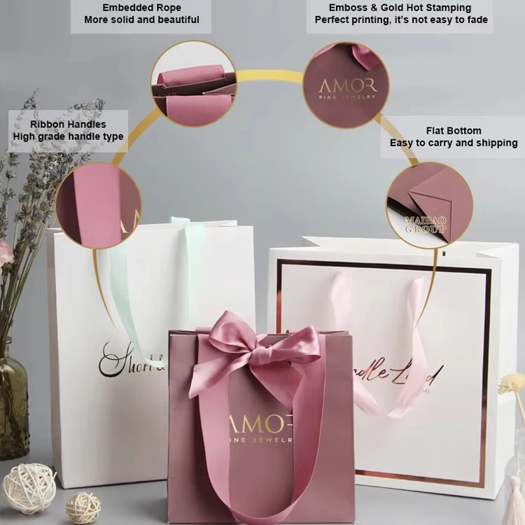 Персонализированные подарочные пакеты для ювелирных изделий на заказ, маленькие розовые роскошные свадебные подарочные пакеты, бутик, бумажный пакет для покупок ювелирных изделий с логотипом