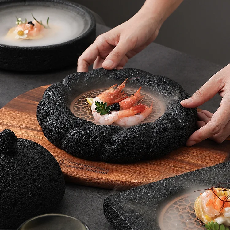Japanese Artistic Concept Ceramic Bowl Eco-Friendly Volcanic Stone Hotel Tableware Planet-Shaped Ice Plate for Sushi Seafood
