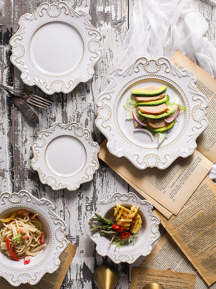 Retro European Glazed Ceramic Tableware Set White and Blue Baroque Embossed Dinner Crockery Dinnerware