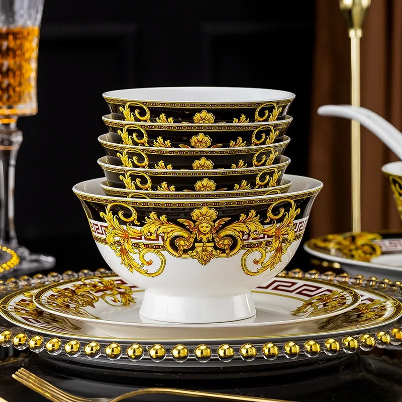 European Style Minimalist Household Black Gold Bone Porcelain Tableware Plates and Bowls Set Plate Sets Dinnerware Luxury
