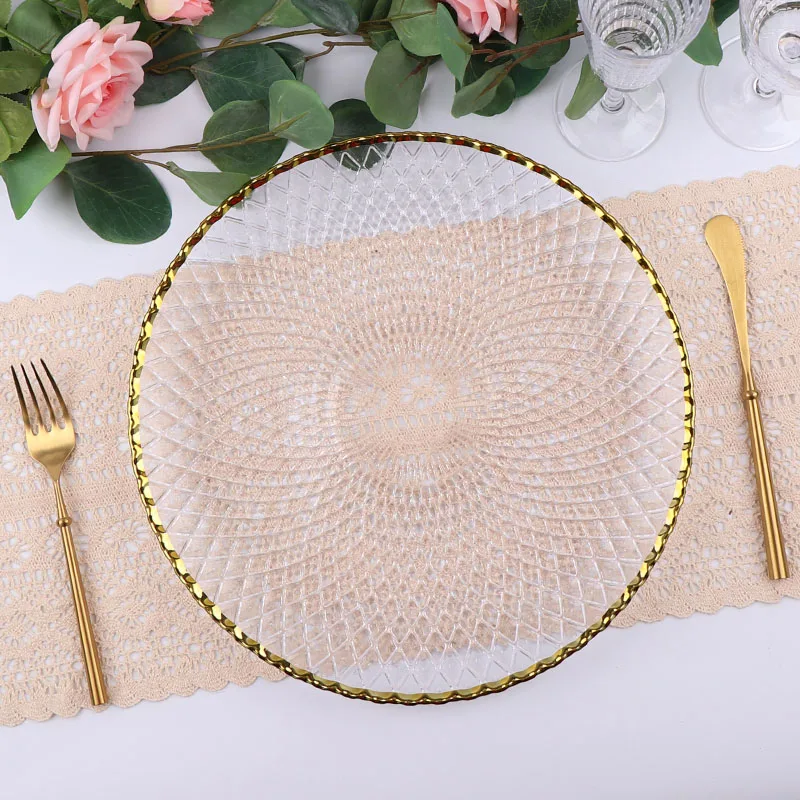 Стеклянная зарядная тарелка с золотой оправой, свадебное украшение, посуда, стеклянная зарядная тарелка с цветочным рисунком, роскошная посуда, посуда для ресторана