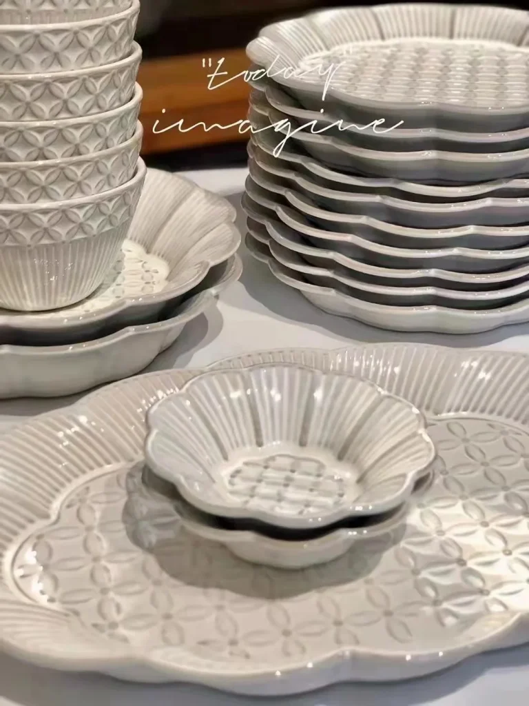 Nara Snow Embossed Ceramic Dinnerware Set Square and Oval Plates & Bowls Eco-Friendly for Home Use