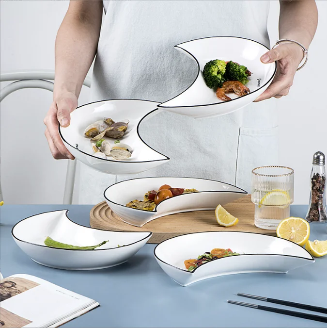 Free DIY Combination Space-Saving Nordic Design Ceramic Tableware Set Moon Shaped Plate Bowl Dish Eco-Friendly for Home Party