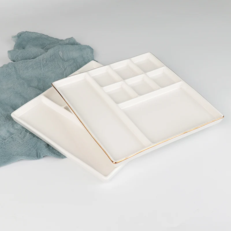 Китайская керамическая посуда, 11-дюймовая тарелка с отделением, 8 в одном, золотая оправа, белая фарфоровая посуда для шведского стола, тарелки, посуда для отеля