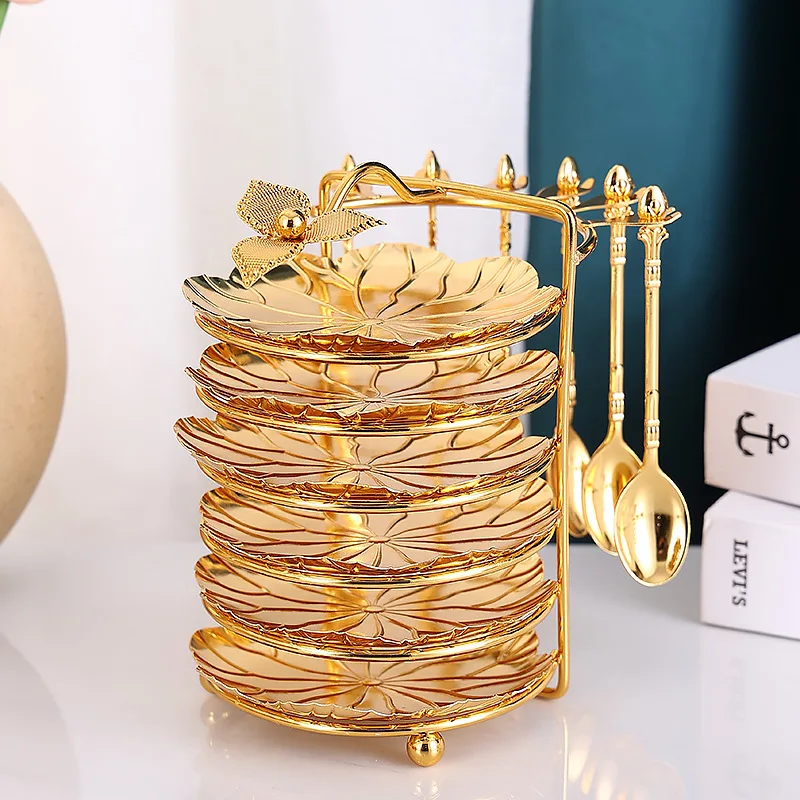 European Luxury Golden Fruit Cake Tray Spoon Set Afternoon Tea Cake Plate Dessert Stand Dishes for Wedding Party