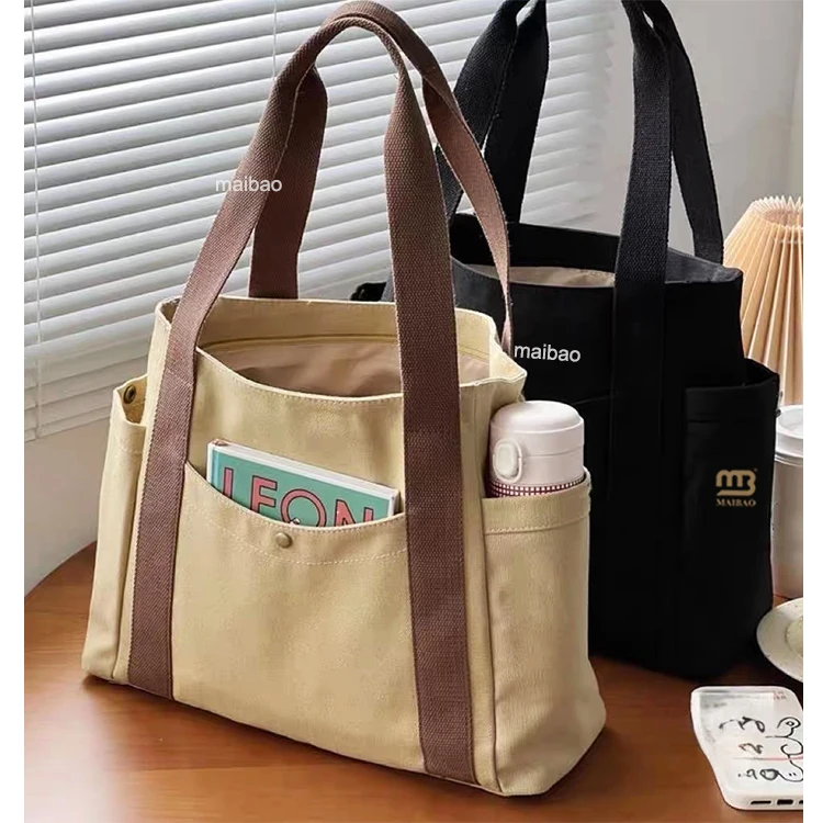 Экологичная большая сумка из хлопчатобумажной ткани с принтом на заказ, белая многоразовая сумка для покупок, дизайн логотипа, карман на молнии, веревка, подарочная упаковка