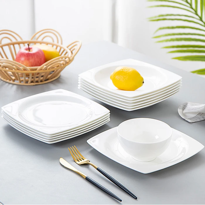 Wholesale European Style Ceramic Dish Fruit Dish Deep Dish Customized  White Square Dinner White Dinner Plates