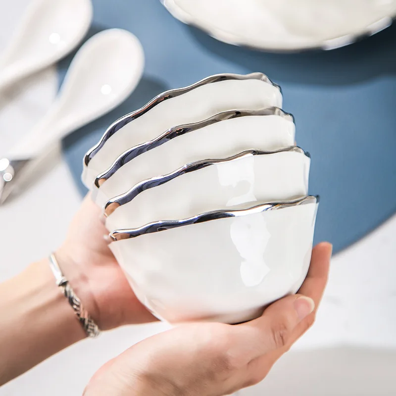 High Quality Classic Minimalism White Ceramic Dinnerware Set Silver Edge Porcelain Tableware for Weddings Parties Includes Plate