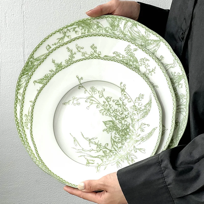 Luxury Bone China Dinner Plates Glaze Green Flower Valley Charger Plate Ceramic Serving Platter