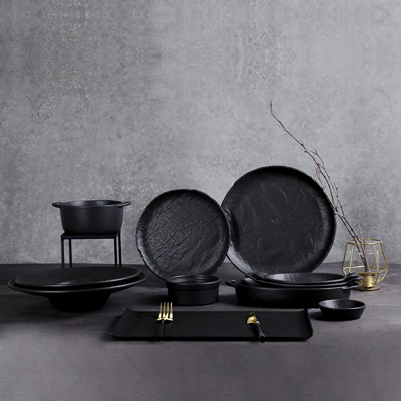 Керамическая тарелка для стейка, черные фарфоровые наборы посуды, керамическая посуда, матовый керамический обеденный набор для кейтеринга, ресторана, отеля