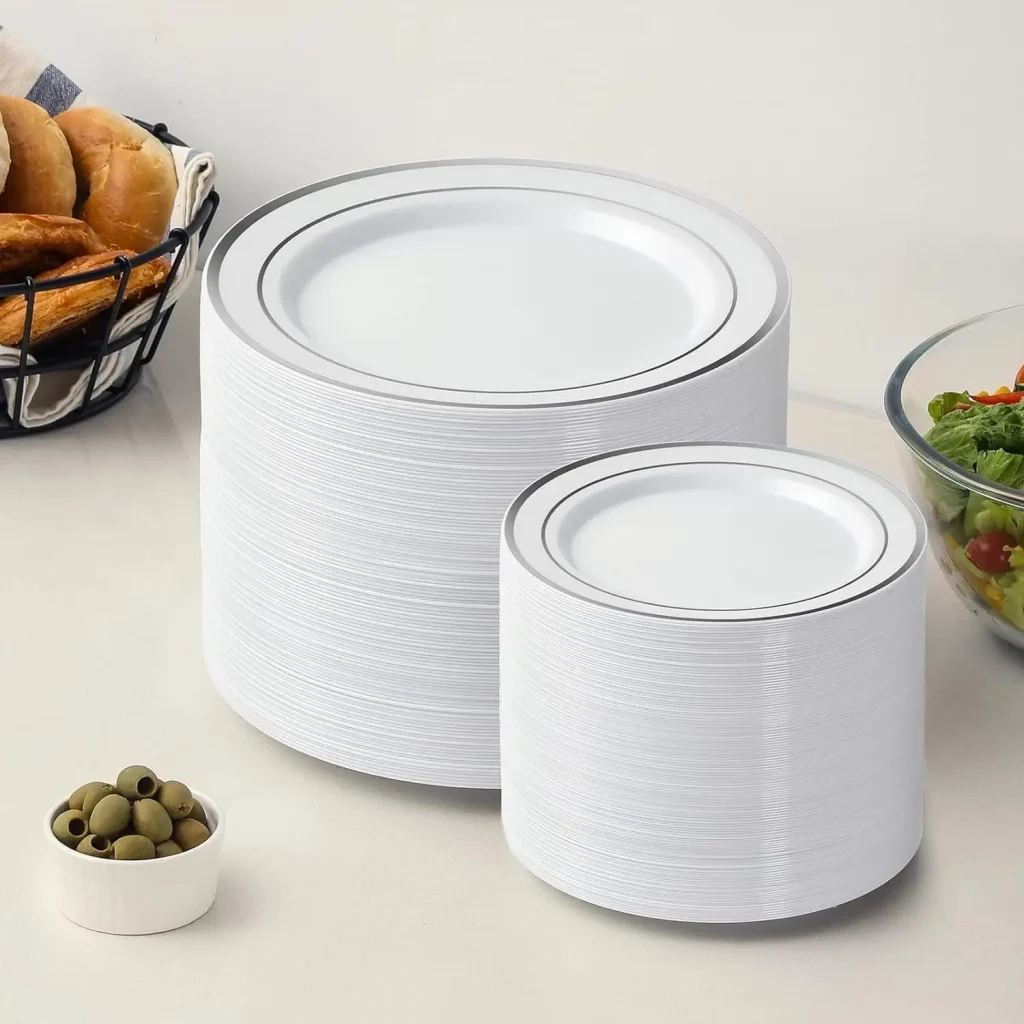 Белая одноразовая тарелка с серебряным краем, банкетная посуда для западного стейка для трансграничных мероприятий