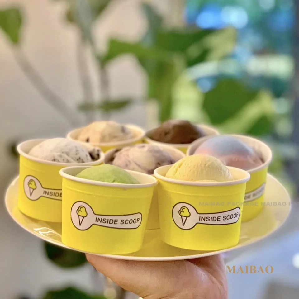 Оптовые пользовательские чашки для десерта с крышками Одноразовая чашка для мороженого Пищевой бумажный контейнер Упаковка для мороженого Чашка для замороженного йогурта