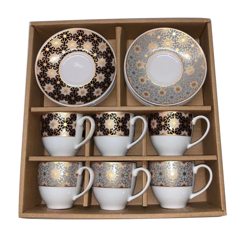 Small Porcelain Arab Gold Coffee Cups and Saucers 6pcs Turkish Espresso Coffee Cup Dish Set