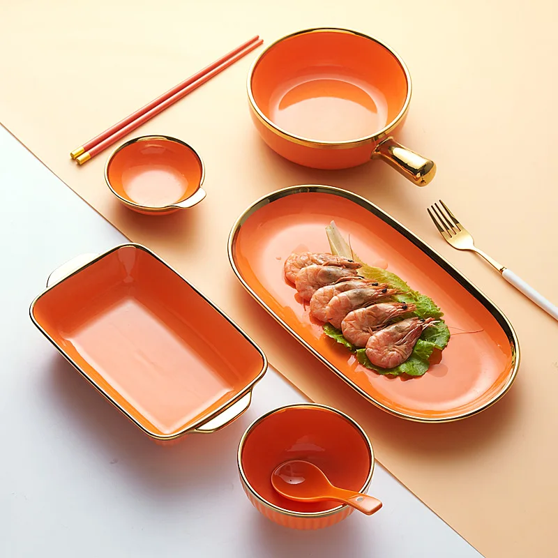Оптовая продажа на заказ, скандинавская роскошная позолоченная оправа, оранжевый керамический набор посуды, тарелка, блюдце, посуда, тарелки и тарелки