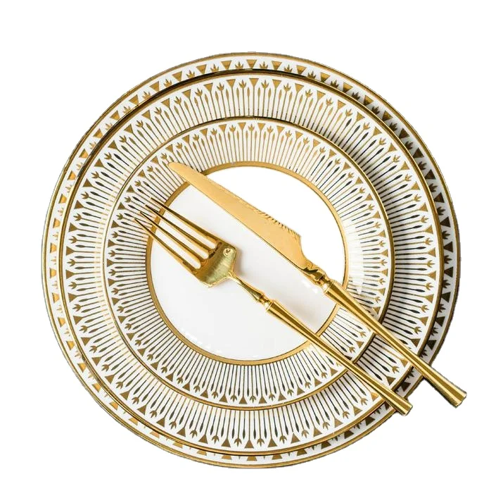 China Warehouse White Round Shape Flat Gold Rimmed Nordic Porcelain Plate