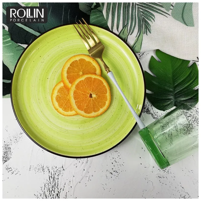 Тарелка для закусок зеленого цвета, индивидуальные керамические, лимонные, терракотовые керамические тарелки, экологически чистая фарфоровая посуда для ресторана