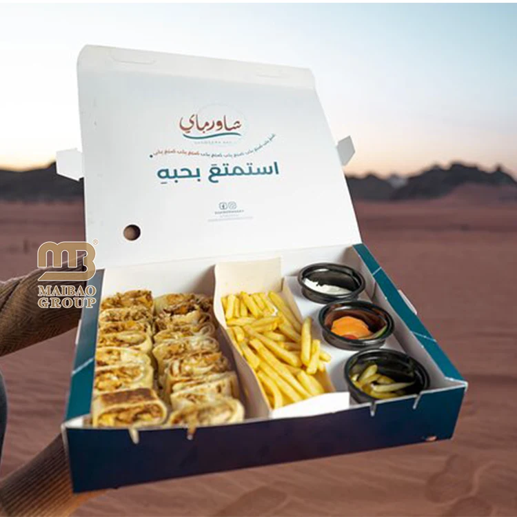Оптовая продажа, изготовленная на заказ коробка для гамбургеров, арабская коробка для еды на вынос, кейтеринг, одноразовая бумажная коробка для бургеров, картофель фри, буррито, упаковка для еды