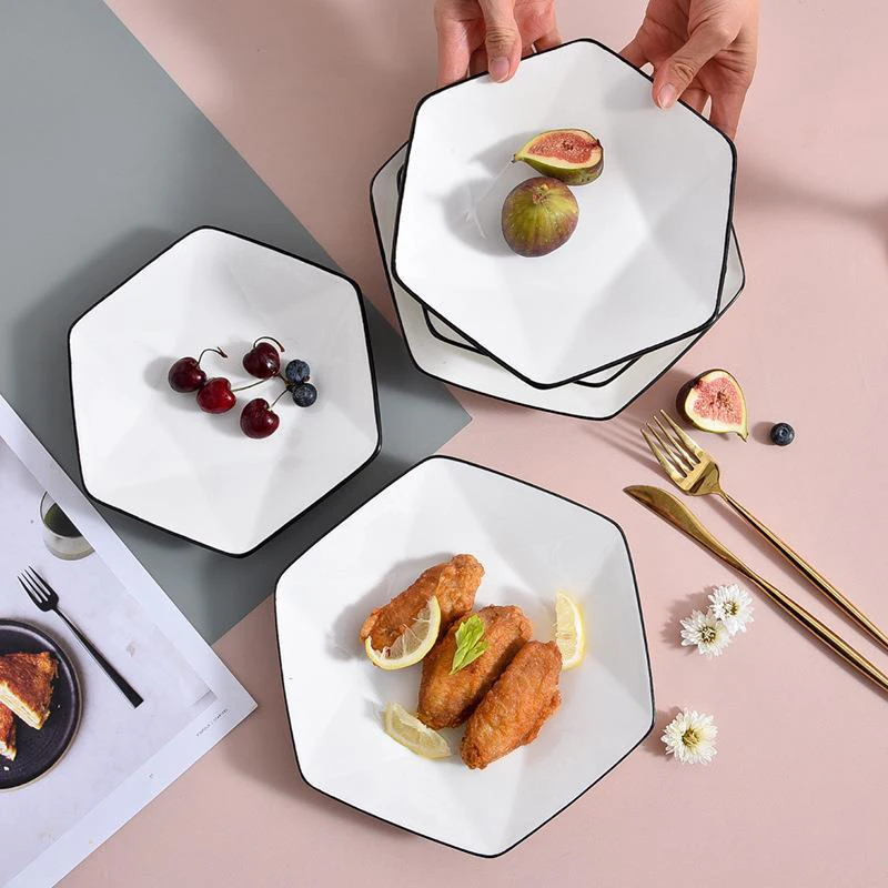 Nordic Style Hexagon Fruit Snack Plate Ceramic Dinner Restaurant  Catering Dinner Custom Dinner Plates