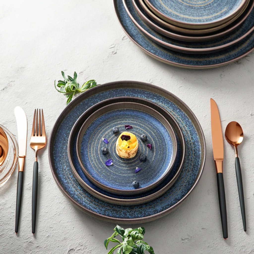 Обеденные фарфоровые тарелки, наборы столовой посуды для отелей, японский ресторан, королевская глянцевая синяя глазурь, кухонная посуда, микроволновая печь, сейф