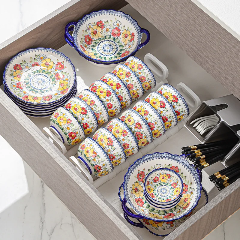 Bohemian Plates and Bowls Set Household Wholesale Ceramic Dishes Nordic Style Flowers Dinnerware Sets for Hotel Party