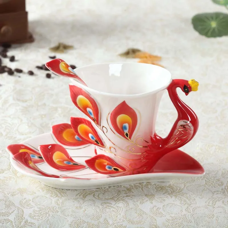 High Quality Relief Peacock Ceramic Tea Cup With Spoon Saucer Luxury Style Coffee Cup Porcelain Milk Cup Wholesale