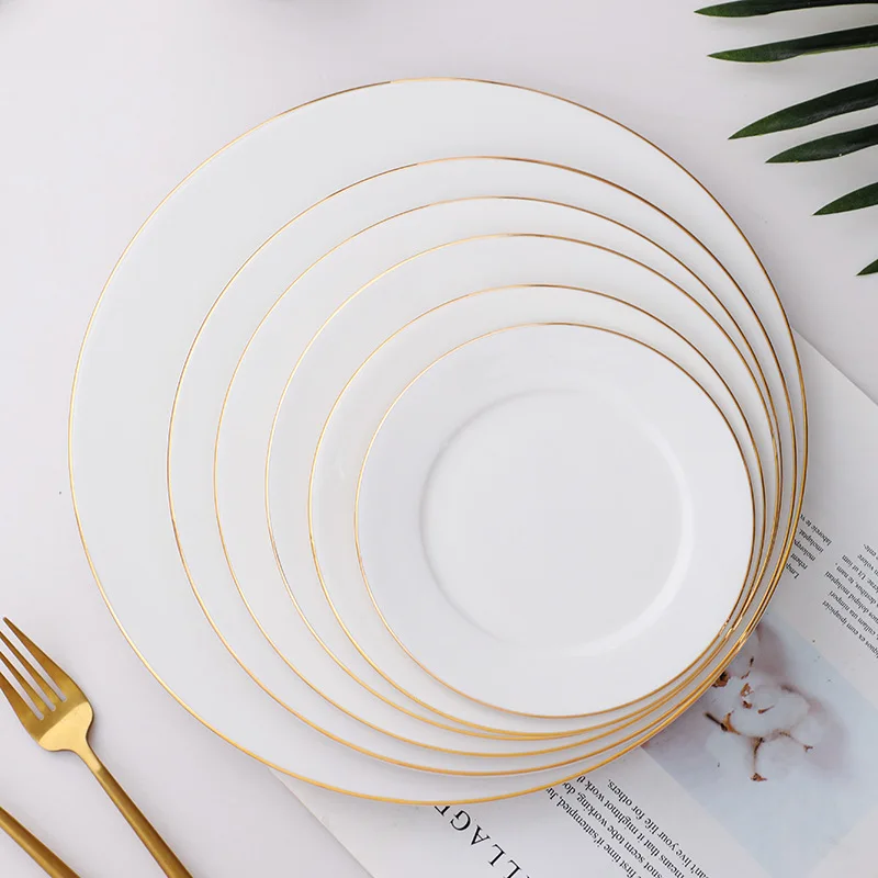 Customized White Ceramic Dinner Plates with Gold Edge Luxury Flatware Sets for Weddings Restaurants Porcelain Plate Tableware