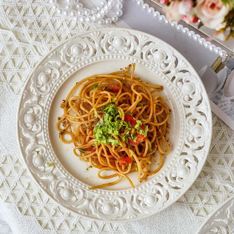 European Embossed Hollow Ceramic Dishes White Dinner Plates Porcelain Dessert Serving Tray