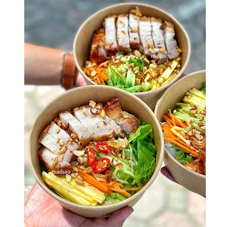 Крафт-бумага с принтом на заказ, миска на 32 унции, одноразовая, 24 унции, круглая бумажная миска для салата, еды, миски для упаковки пищевых продуктов на вынос, миски с крышкой