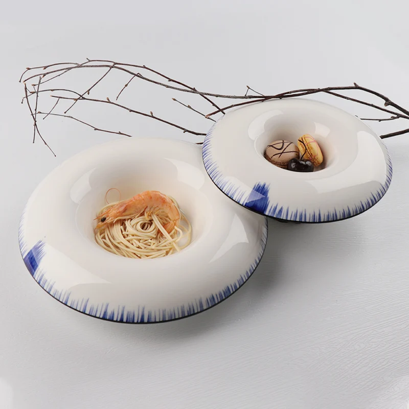 Оптовая продажа, балетные синие керамические глубокие тарелки, фарфоровая тарелка для ресторана, тарелка для макарон, керамическая тарелка для отеля, суповая тарелка