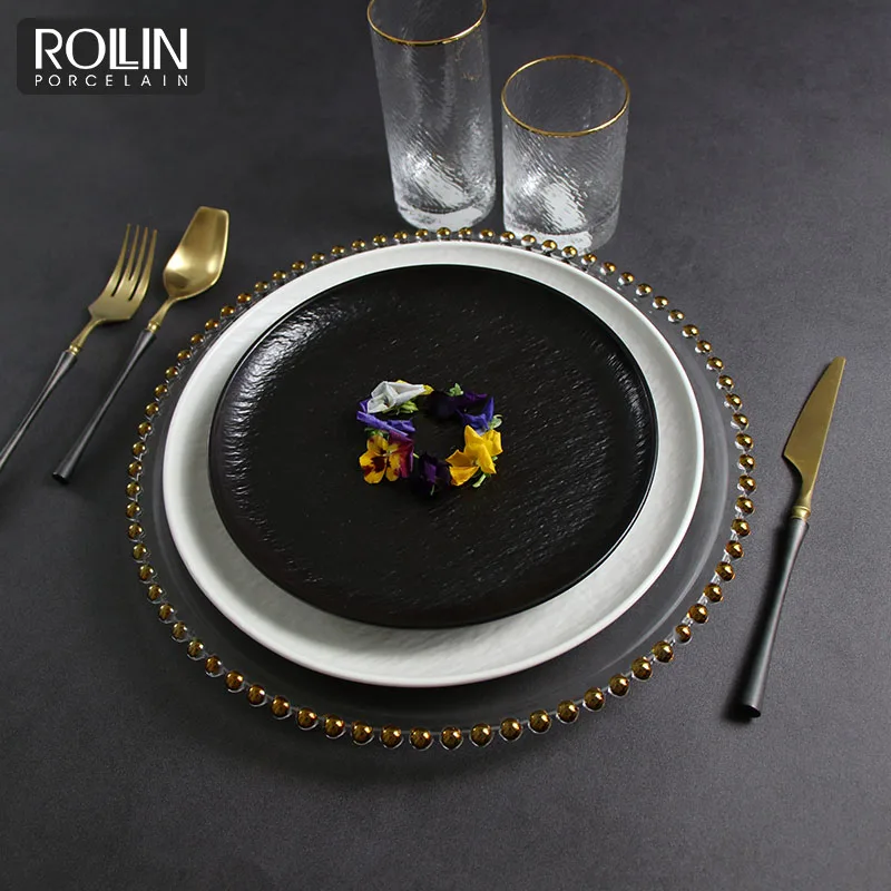 Оптовая продажа фарфоровой тарелки, роскошный обеденный сервиз, посуда для ресторана, черно-белая посуда, тарелки, посуда по индивидуальному заказу, поставщик отелей