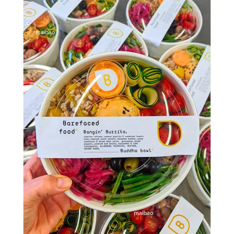 Экологичная одноразовая миска из крафт-бумаги, индивидуальный логотип, 24 унции, еда, фрукты, салат, легкая еда, обед на вынос, бумажные суповые миски с крышкой