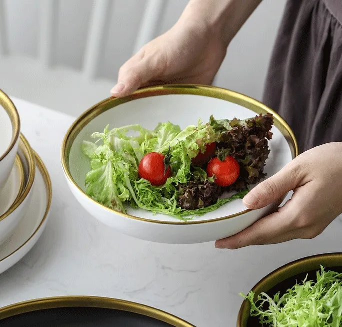 Luxury Nordic Gold Rim Ceramic Dishes Plates and Bowls Set Matte Porcelain Dinner Sets Stoneware Dinnerware Set