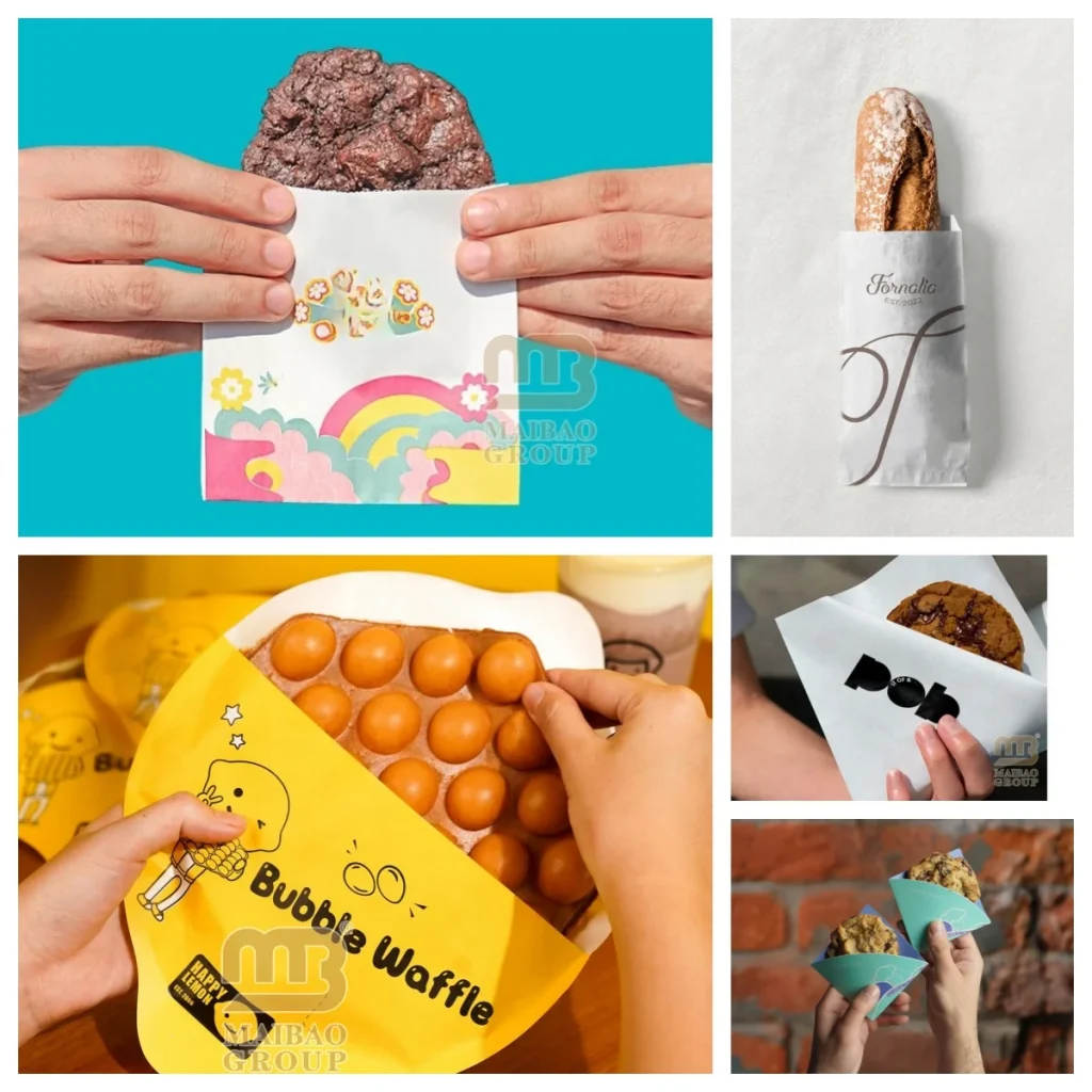 Изготовленный на заказ небольшой плоский V-образный нижний маслостойкий пергамин с воском, бумажный пакет для упаковки пищевых сэндвичей, закусок, чипсов, хлебобулочных изделий, печенья