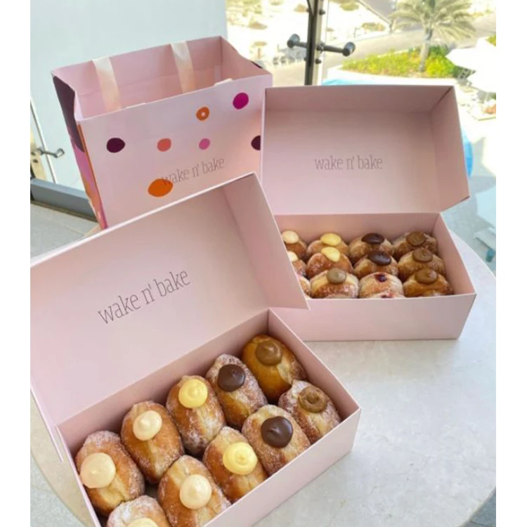 Оптовая продажа, складная коробка для печенья, упаковка из крафт-бумаги, напечатанная на заказ розовая коробка для пончиков, упаковка для хлебобулочных изделий, коробка для пончиков для выпечки, кондитерских изделий