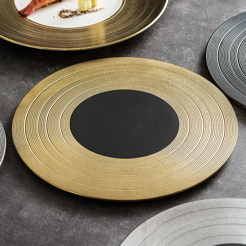 High-End 12-Inch European Style French Food Flat Steak Dinner Plates Gold-Plated Brushed Ceramic for Hotels and Restaurants