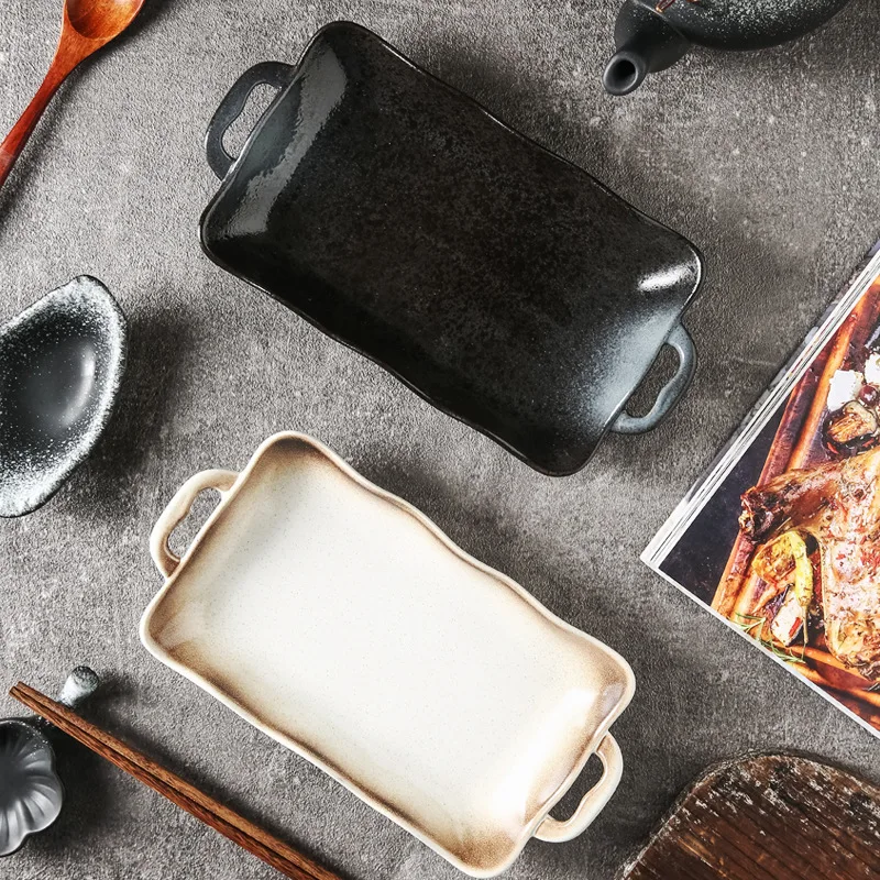 Набор прямоугольных керамических тарелок с ручкой и кружевными краями для свадьбы, сервировки стейков и салатов