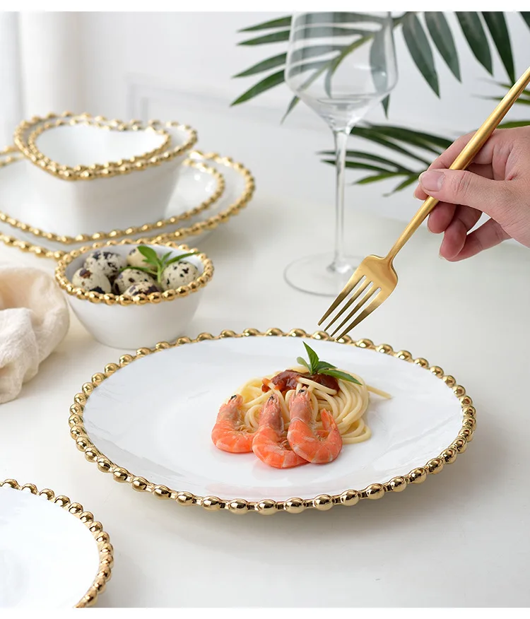 Luxury Bead Point White Ceramic Gold Rim Dinner Set Home Restaurant Heart Shape Bowl and Plates Crockery Dinnerware Sets