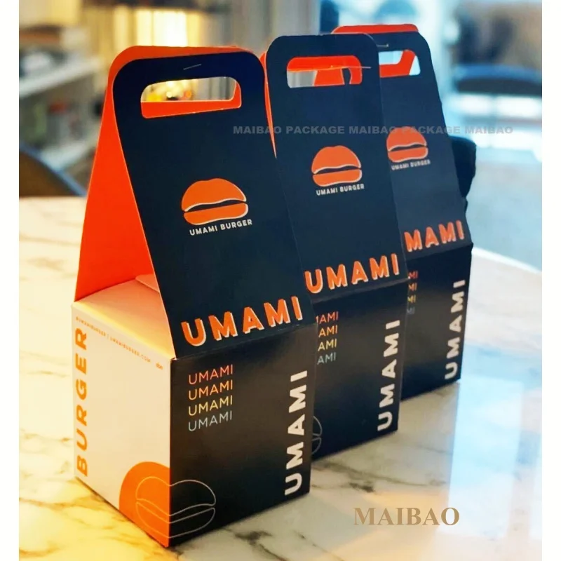 Коробка для гамбургера на заказ, упаковка для обеда в ресторане, бумажная складная коробка, одноразовая коробка для еды на вынос, контейнер для еды из крафт-бумаги, бургер