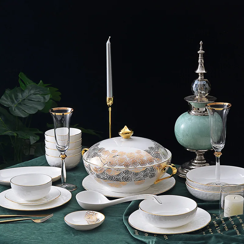 Hot Selling Relief Ceramic Bowl Plate Bone China Tableware Set Restaurant Ceramic Dinner Plate Set